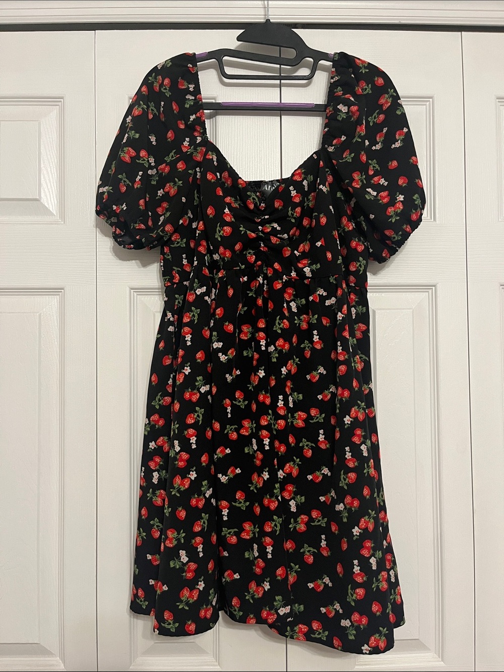 Black Strawberry Print Puff Sleeve Romper